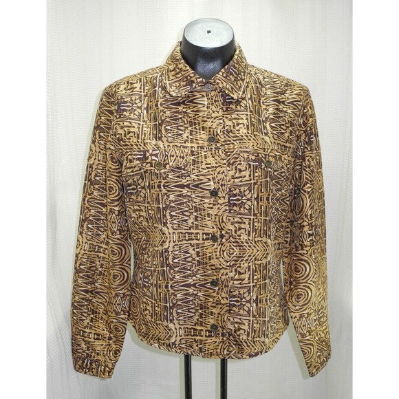 Transitions Gold Brown Print Silk Button-Front Lined Shirt Jacket - Women's M - Picture 2 of 7